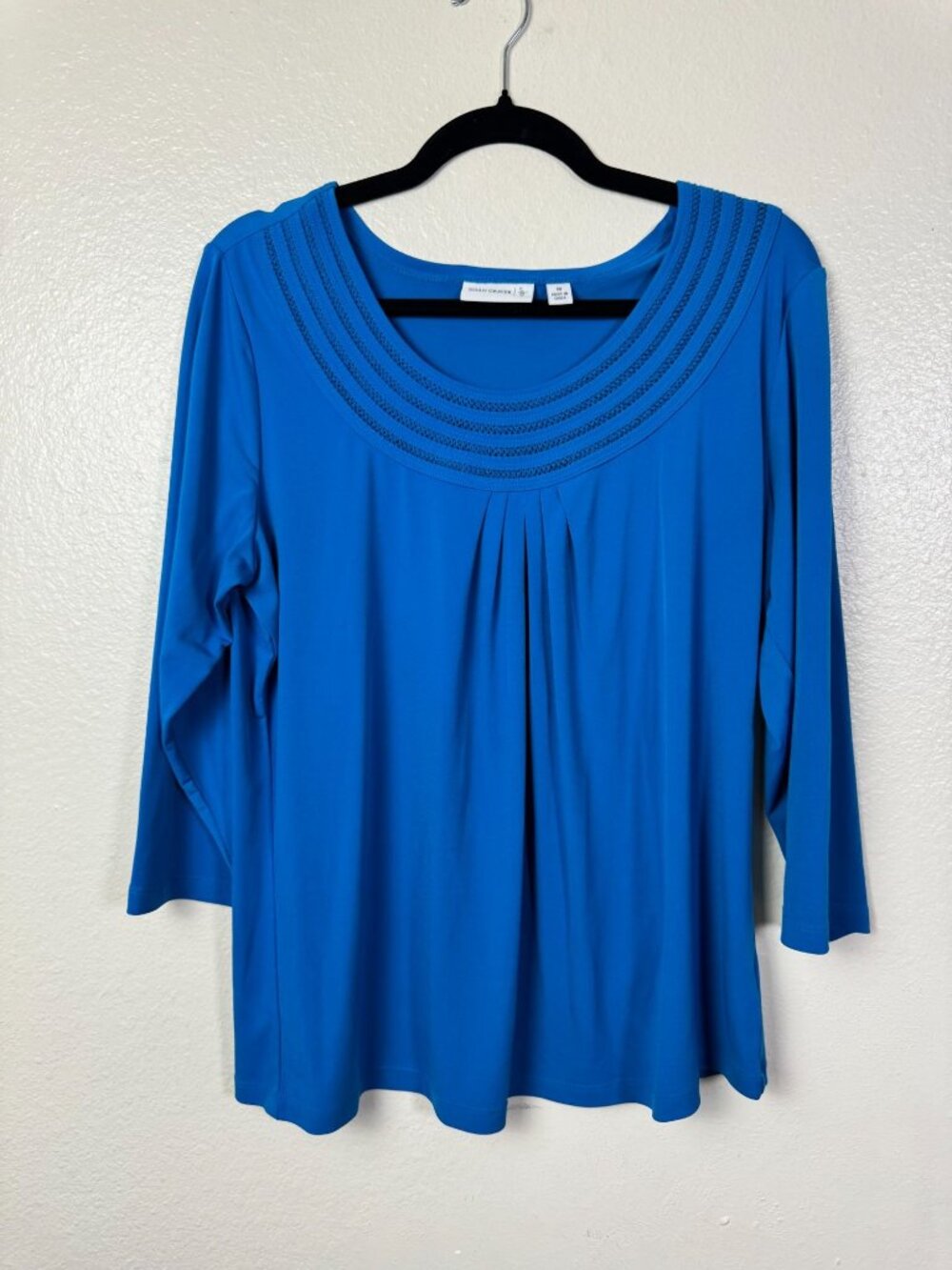 Susan Graver Womens Blue 3/4 Sleeve Pleated Scoop Neck Top Sz Medium Liquid Knit
